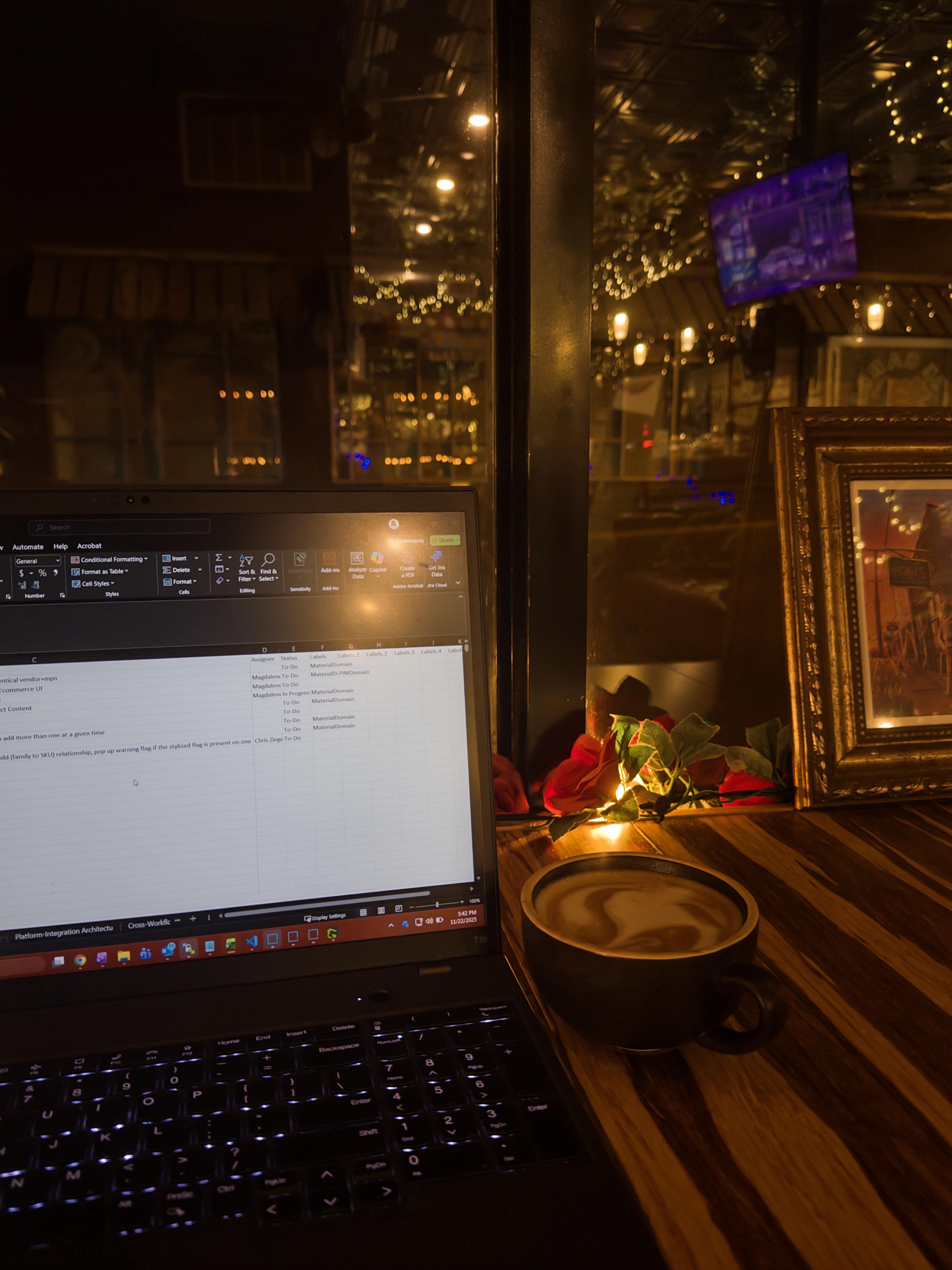 shows a coffee cafe dj set up with bright lightes and shirts hanging on the wall